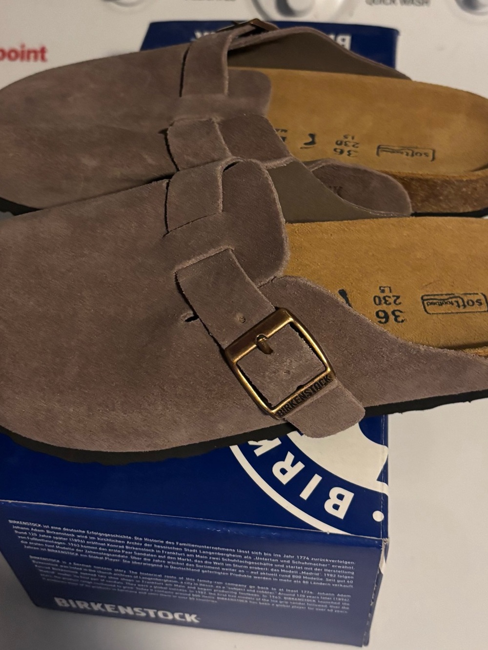 Birkenstock Taupe Suede Buckle Clogs with Gold Buckle